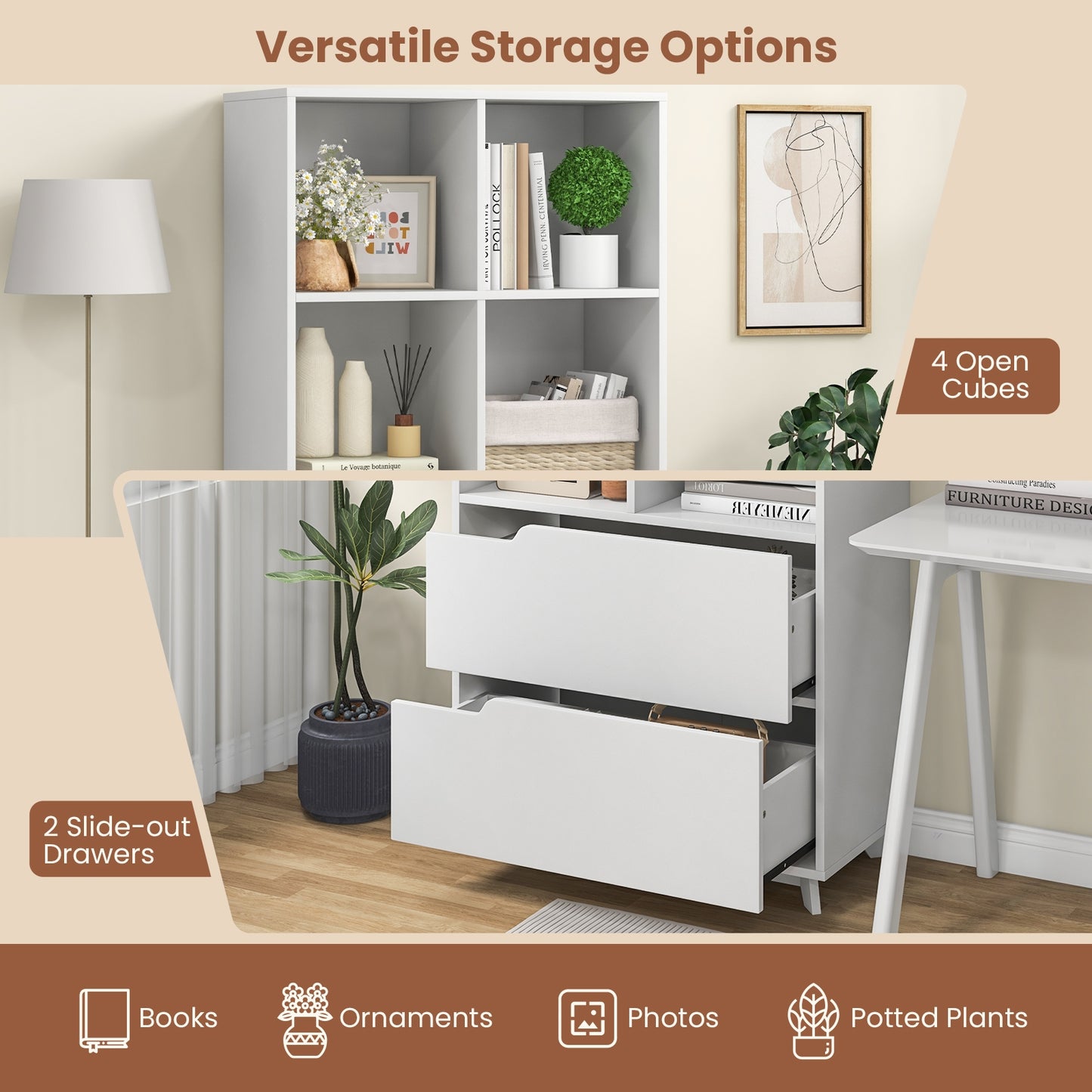 4-Tier Open Bookcase with 2 Drawers and 4 Storage Cubes-White Kids Crystal