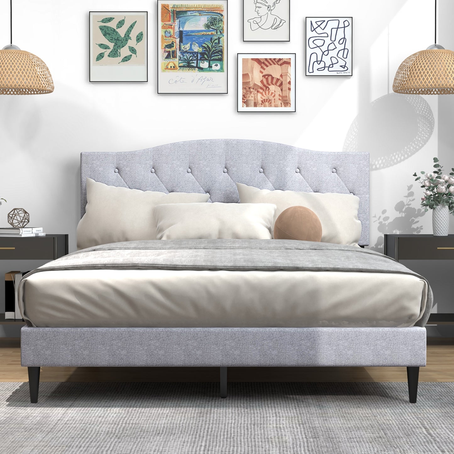 Queen Size Upholstered Platform Bed with Button Tufted Headboard-Queen Size Kids Crystal