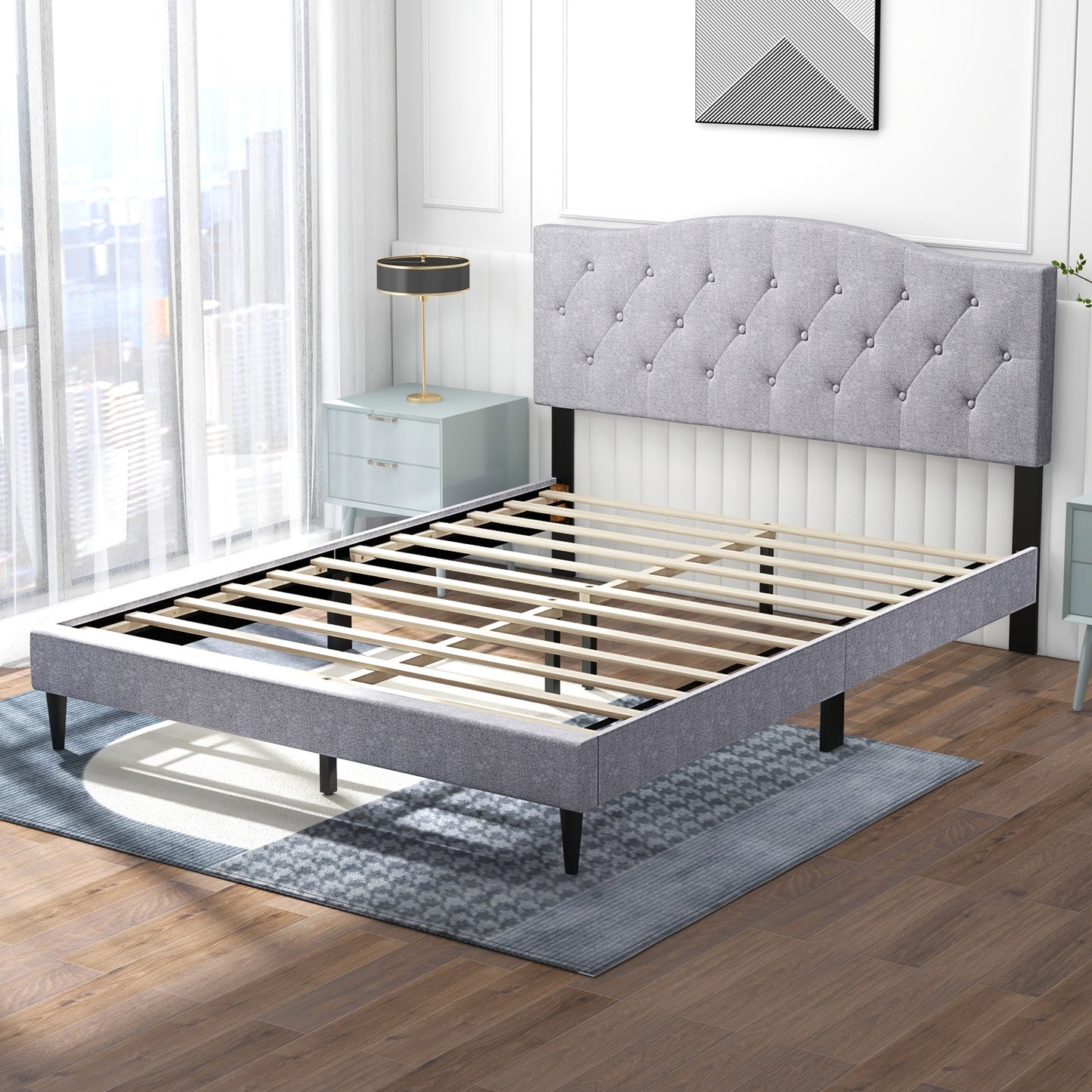 Queen Size Upholstered Platform Bed with Button Tufted Headboard-Queen Size Kids Crystal