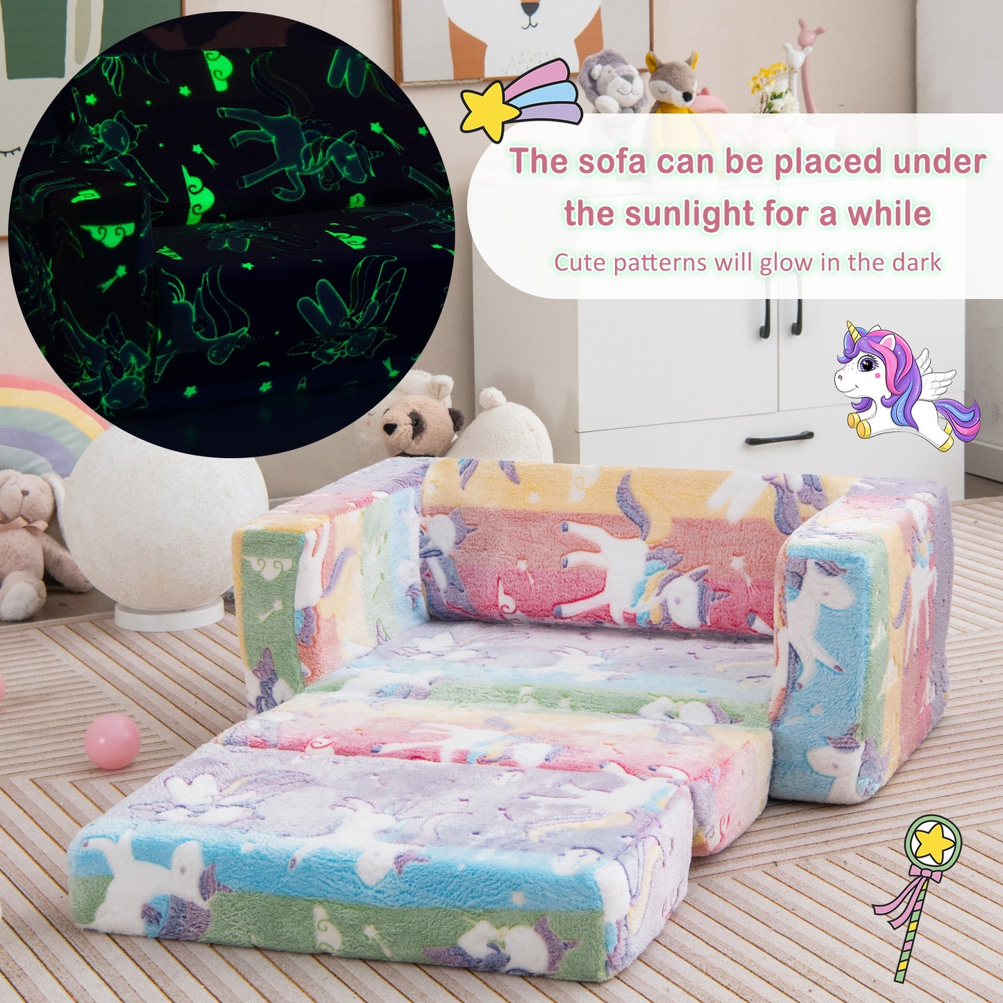 2-in-1 Flip Out Kids Sofa Chair with Detachable Flannel Fabric Cover and Glowing Patterns-Color Kids Crystal