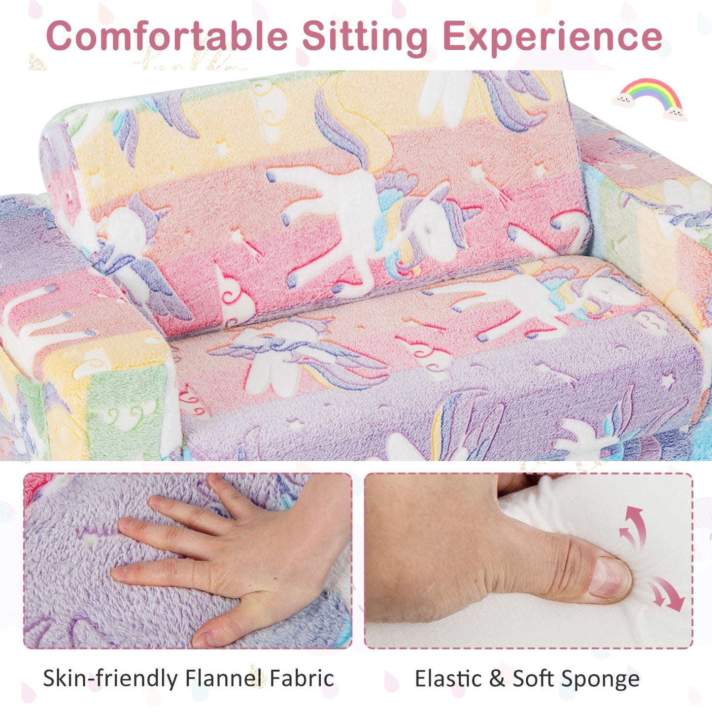 2-in-1 Flip Out Kids Sofa Chair with Detachable Flannel Fabric Cover and Glowing Patterns-Color Kids Crystal