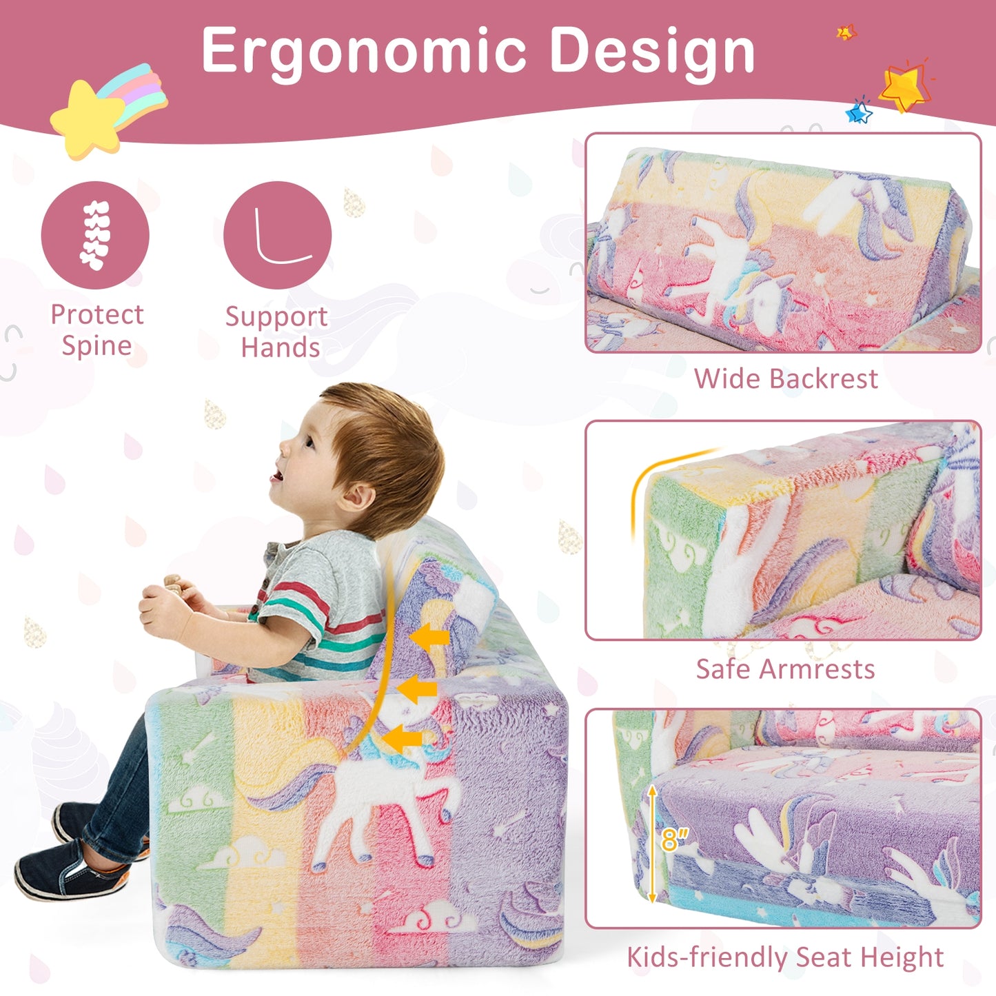 2-in-1 Flip Out Kids Sofa Chair with Detachable Flannel Fabric Cover and Glowing Patterns-Color Kids Crystal