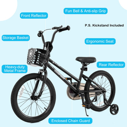 18 Inch Kids Bike with Basket and Training Wheels for Children Aged 4-8 Years Old