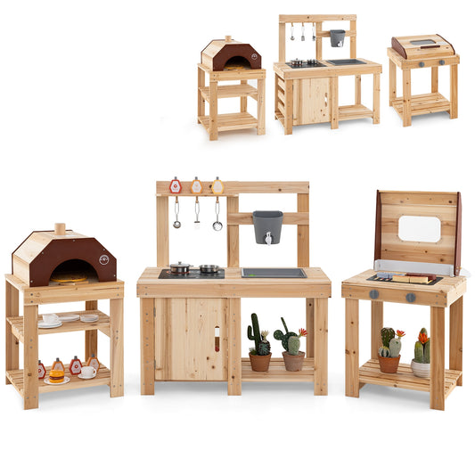 3-Piece Outdoor Kitchen Set Mud Kitchen with Separate BBQ Grill and Pizza Oven-Natural Kids Crystal