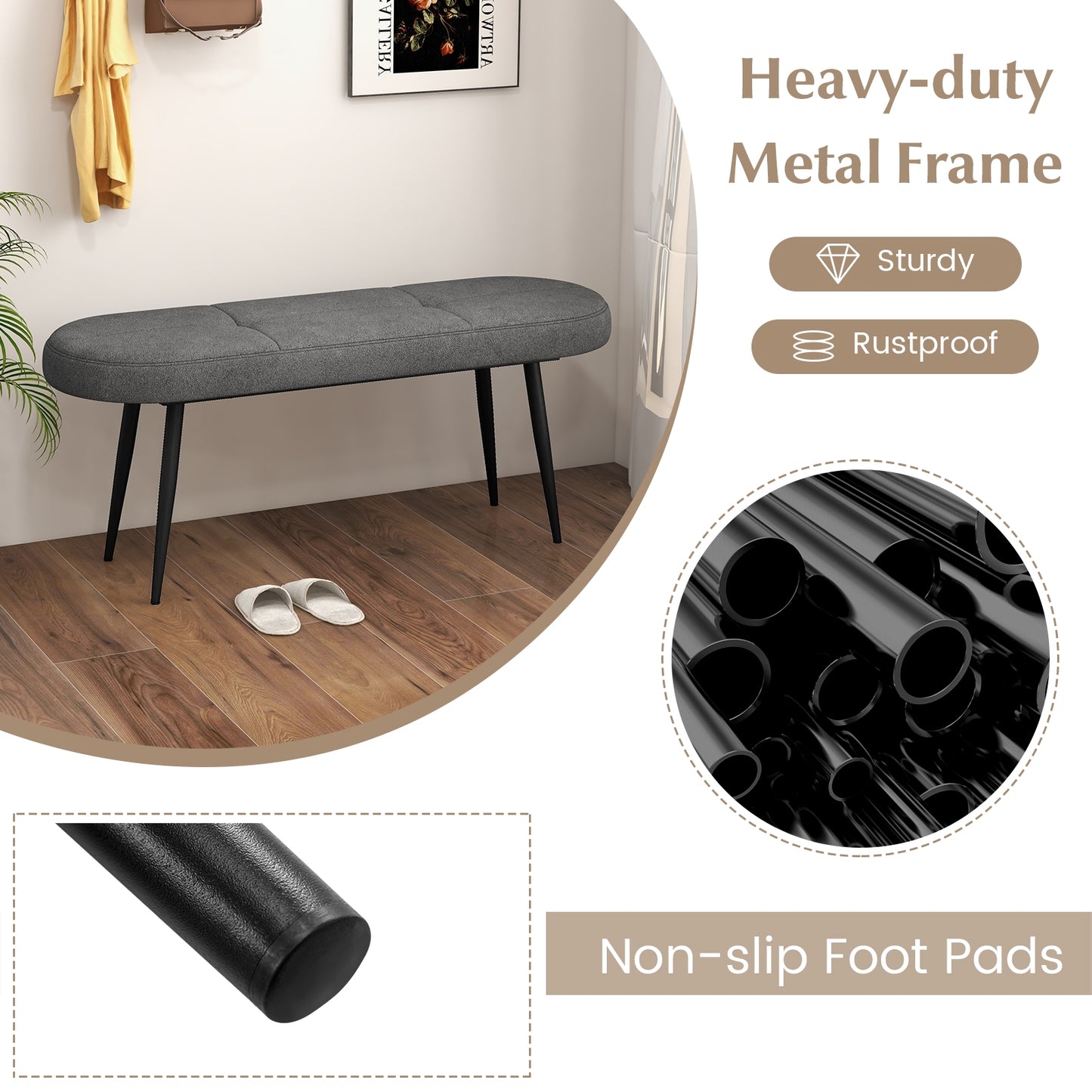47 Inch Upholstered Entryway Bench with Heavy-duty Metal Frame-Gray Kids Crystal