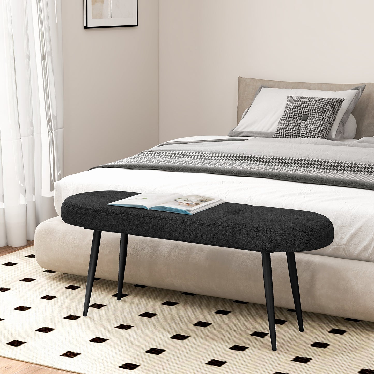 47 Inch Upholstered Entryway Bench with Heavy-duty Metal Frame-Black Kids Crystal