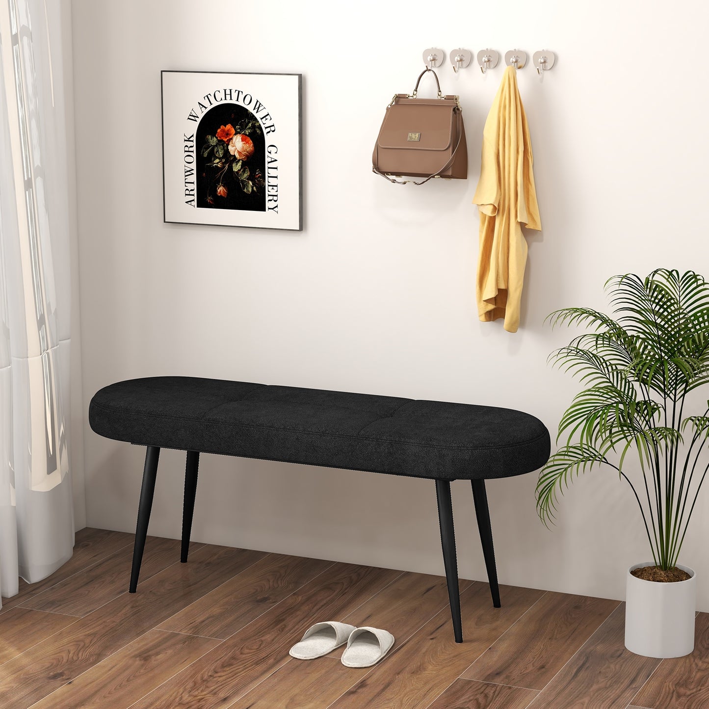 47 Inch Upholstered Entryway Bench with Heavy-duty Metal Frame-Black Kids Crystal