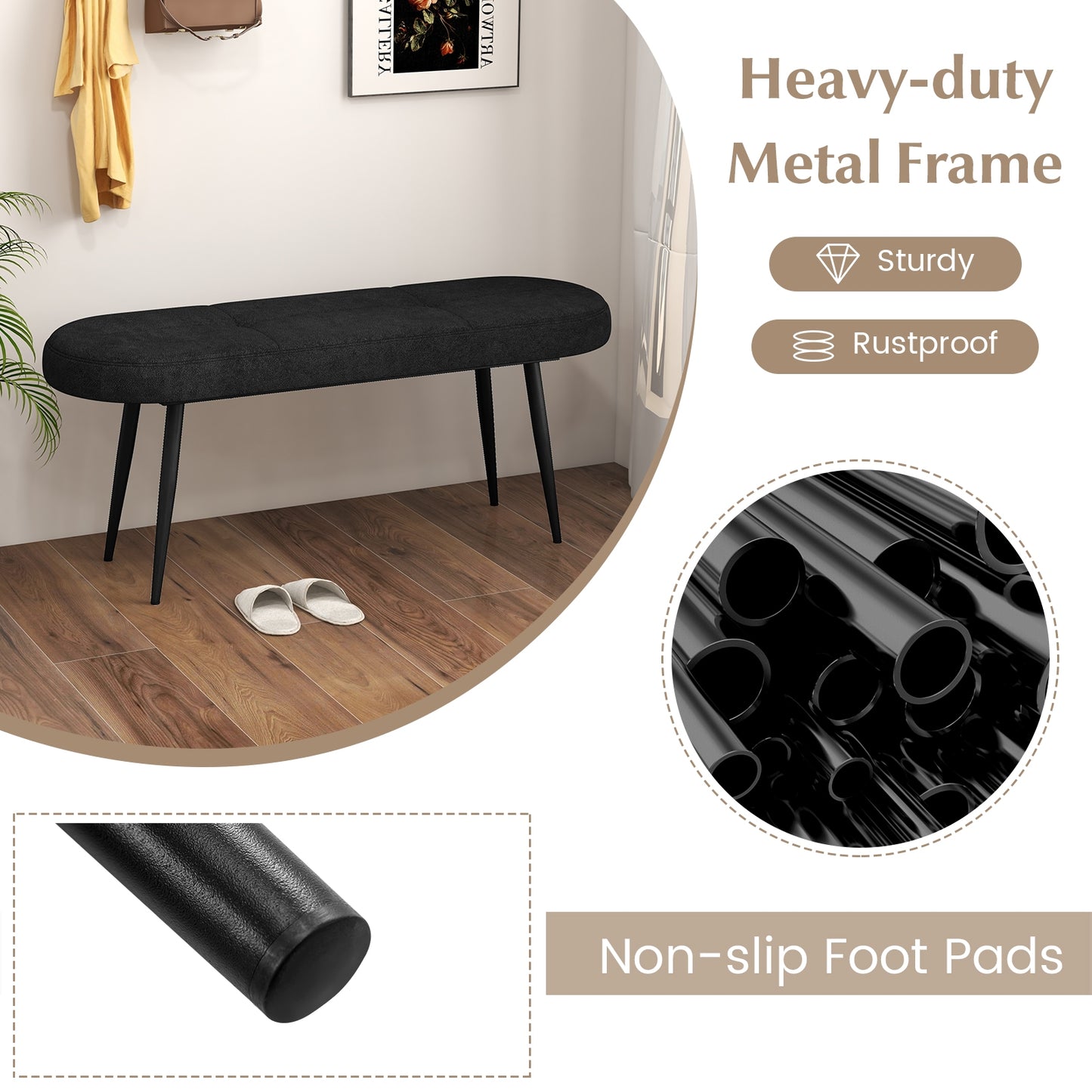 47 Inch Upholstered Entryway Bench with Heavy-duty Metal Frame-Black Kids Crystal