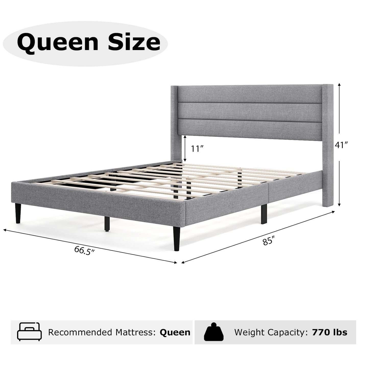 Linen Upholstered Platform Twin/Queen Bed Frame with Wingback Headboard-Queen Size Kids Crystal