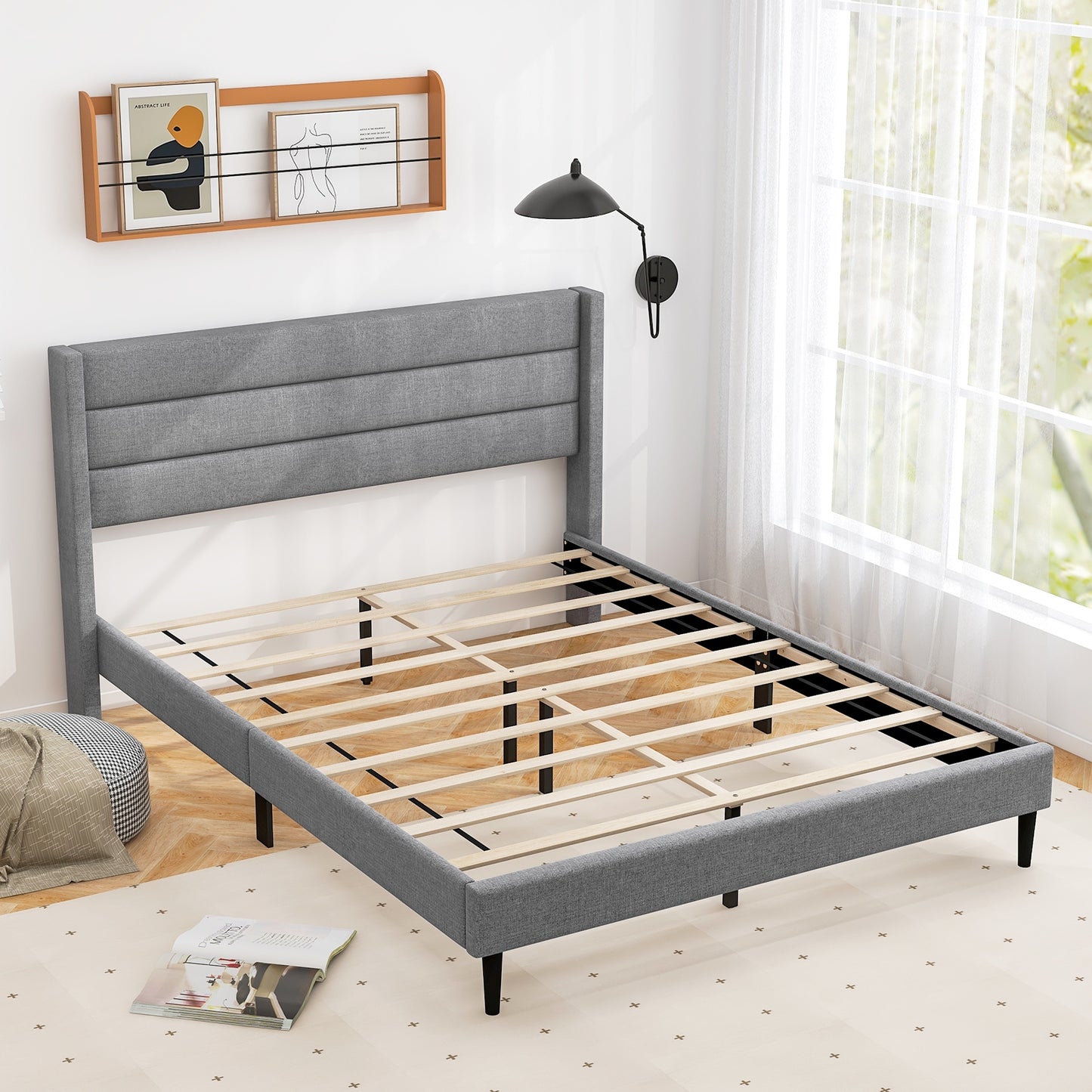 Linen Upholstered Platform Twin/Queen Bed Frame with Wingback Headboard-Queen Size Kids Crystal