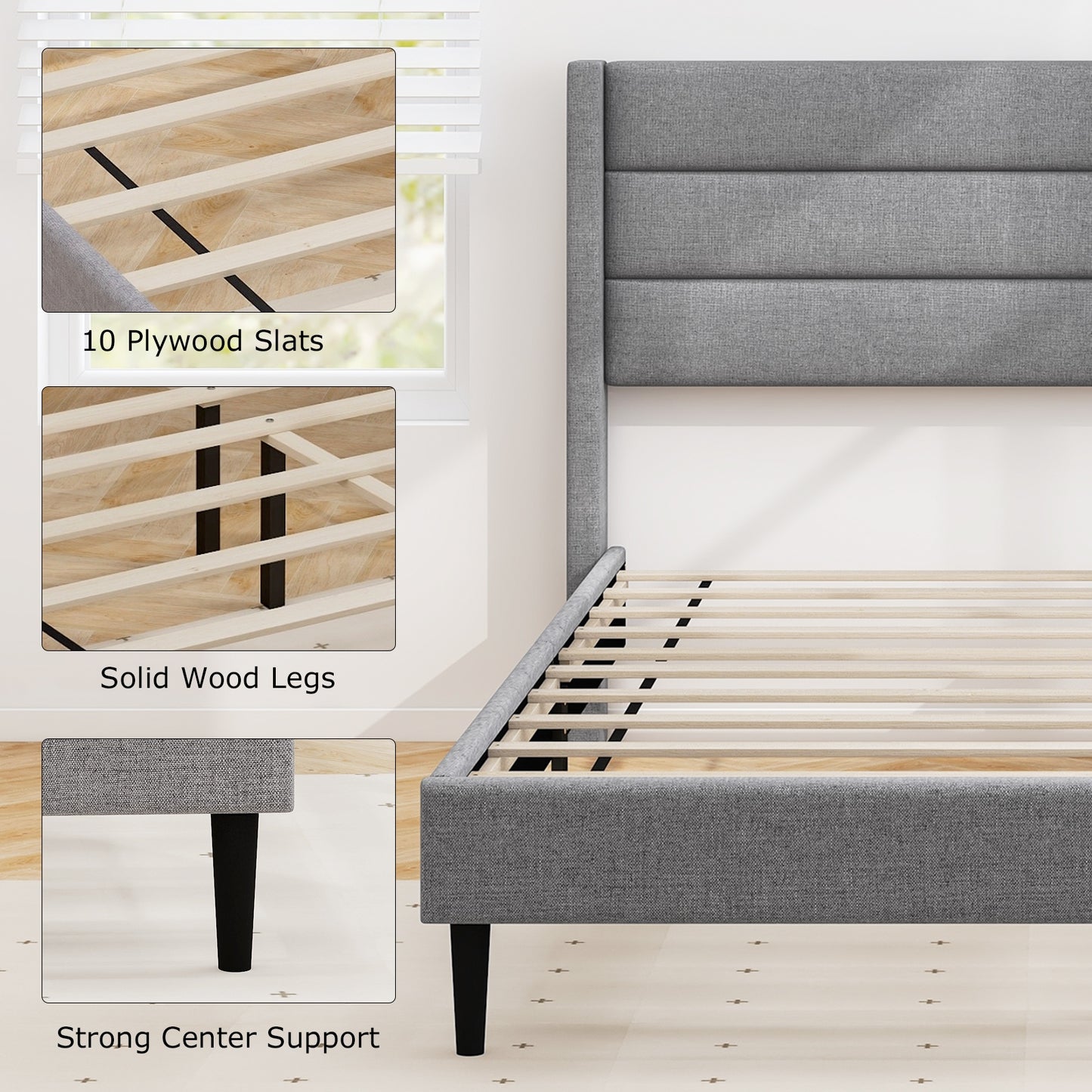 Linen Upholstered Platform Twin/Queen Bed Frame with Wingback Headboard-Queen Size Kids Crystal