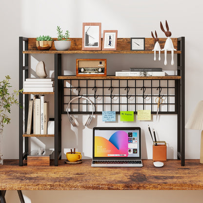 4-Tier Desk Shelf Desktop Display Rack with Metal Grid Panel and 6 Hooks-Rustic Brown
