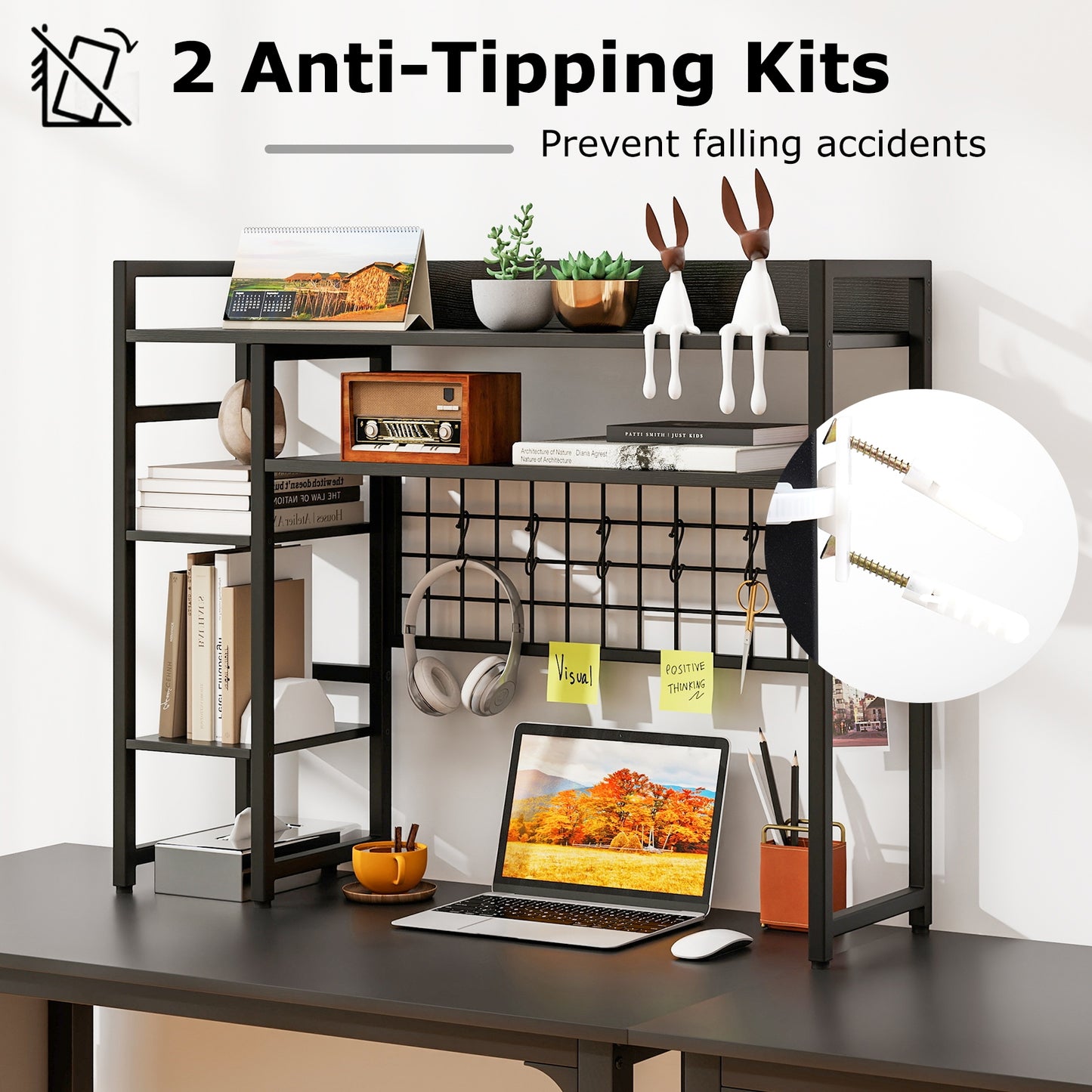 4-Tier Desk Shelf Desktop Display Rack with Metal Grid Panel and 6 Hooks-Black