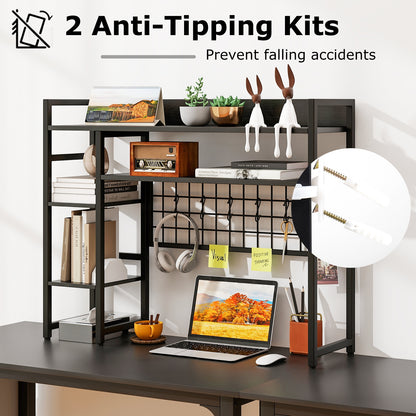 4-Tier Desk Shelf Desktop Display Rack with Metal Grid Panel and 6 Hooks-Black