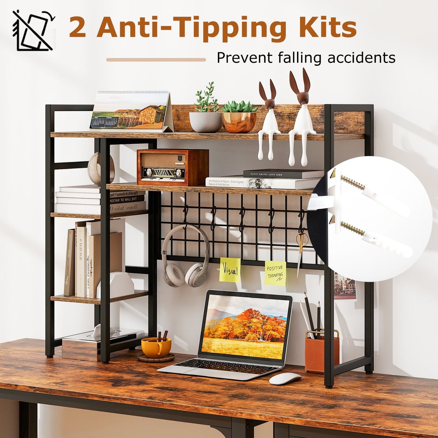 4-Tier Desk Shelf Desktop Display Rack with Metal Grid Panel and 6 Hooks-Rustic Brown