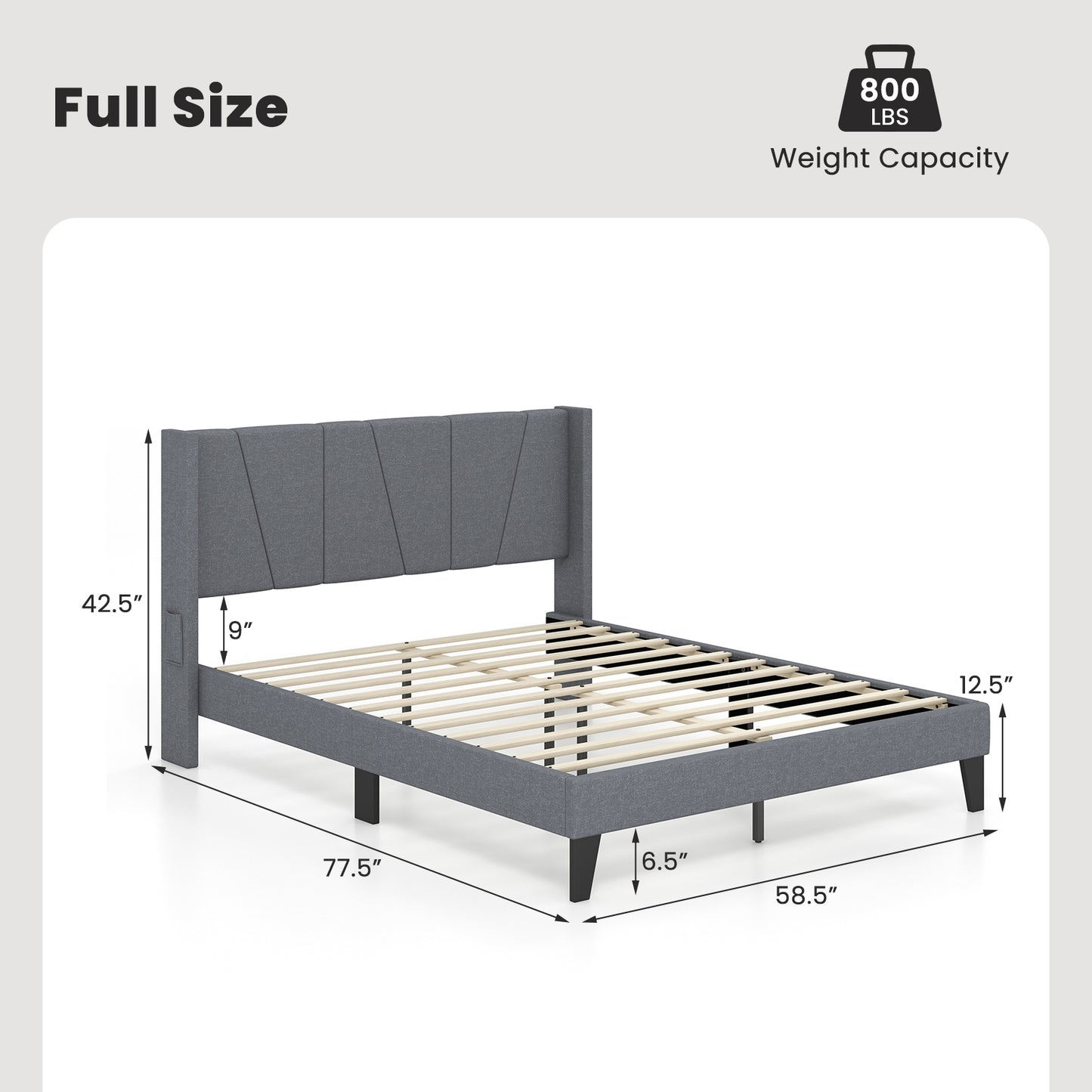 Full/Queen Size Bed Frame with Wingback Headboard and Wood Slat Support-Full Size Kids Crystal