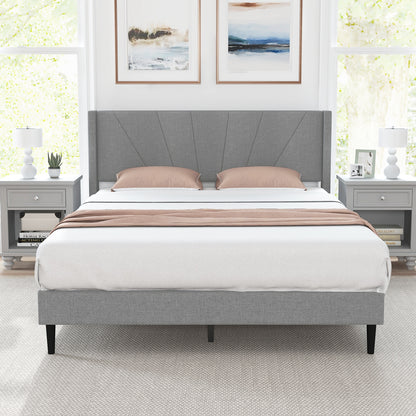 Twin/Queen Bed Frame with Linen Upholstered Wingback Headboard-Queen Size