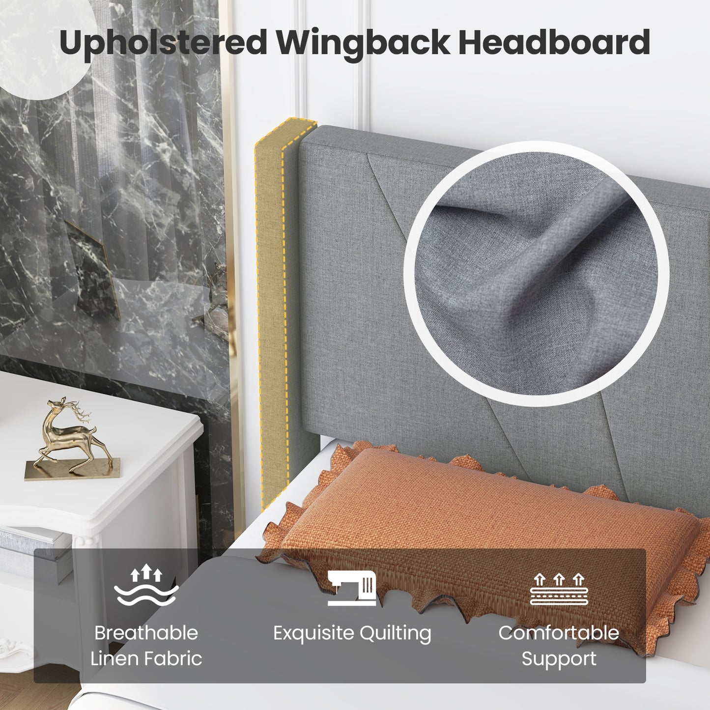 Twin/Queen Bed Frame with Linen Upholstered Wingback Headboard-Queen Size Kids Crystal