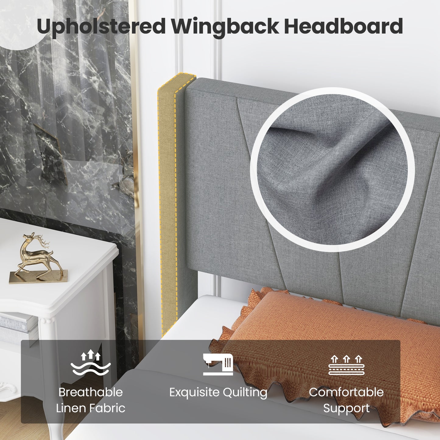 Twin/Queen Bed Frame with Linen Upholstered Wingback Headboard-Twin Size Kids Crystal