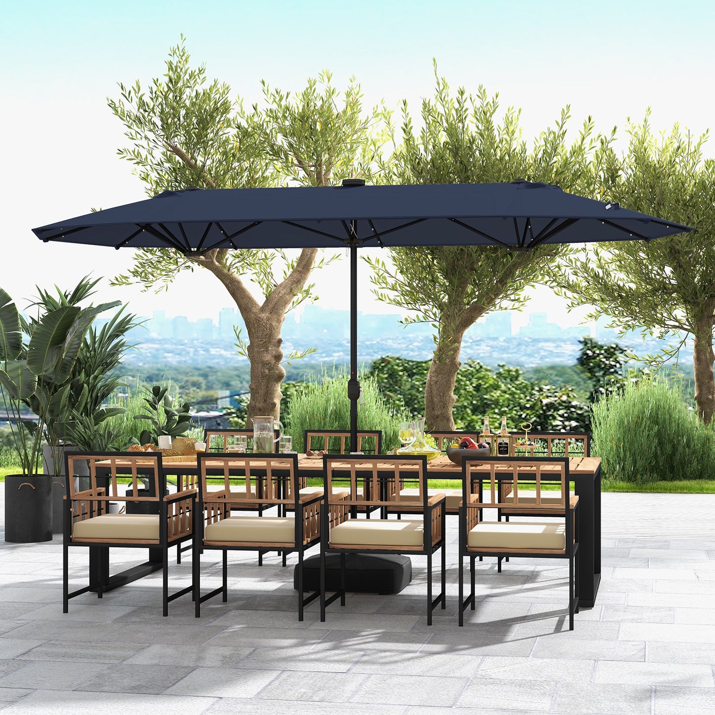 13FT Double-sided Patio Umbrella with Solar Lights for Garden Pool Backyard-Navy Kids Crystal