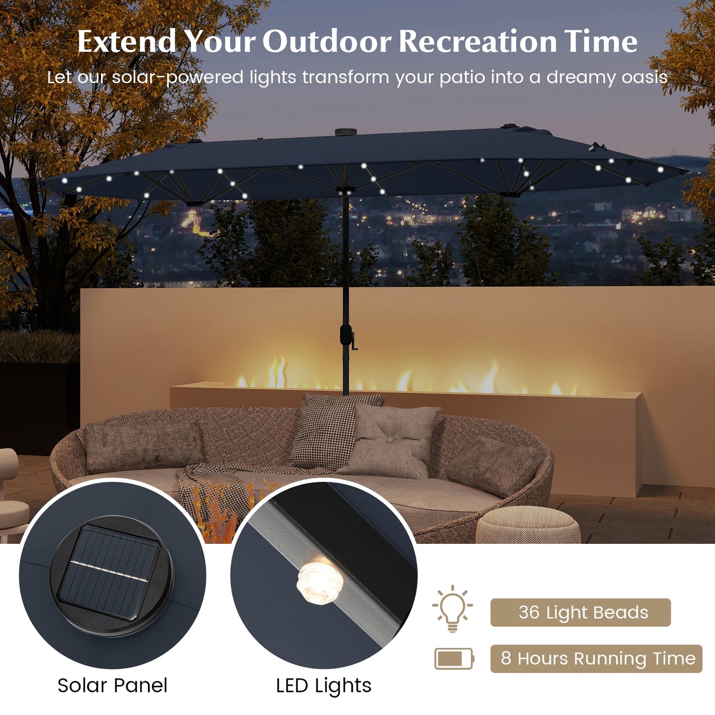 13FT Double-sided Patio Umbrella with Solar Lights for Garden Pool Backyard-Navy Kids Crystal