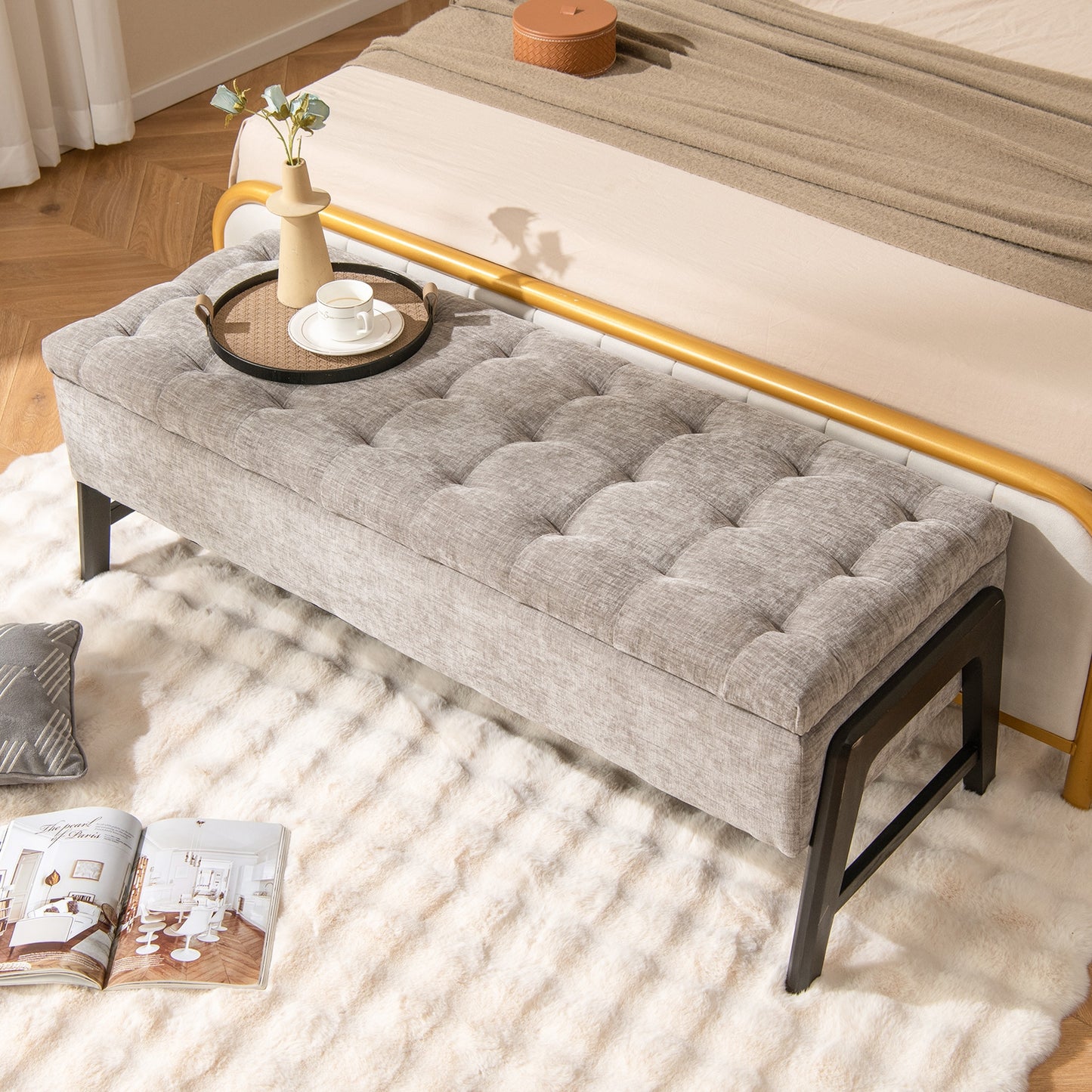 Modern Chenille Storage Bench with Solid Rubber Wood Legs-Gray Kids Crystal