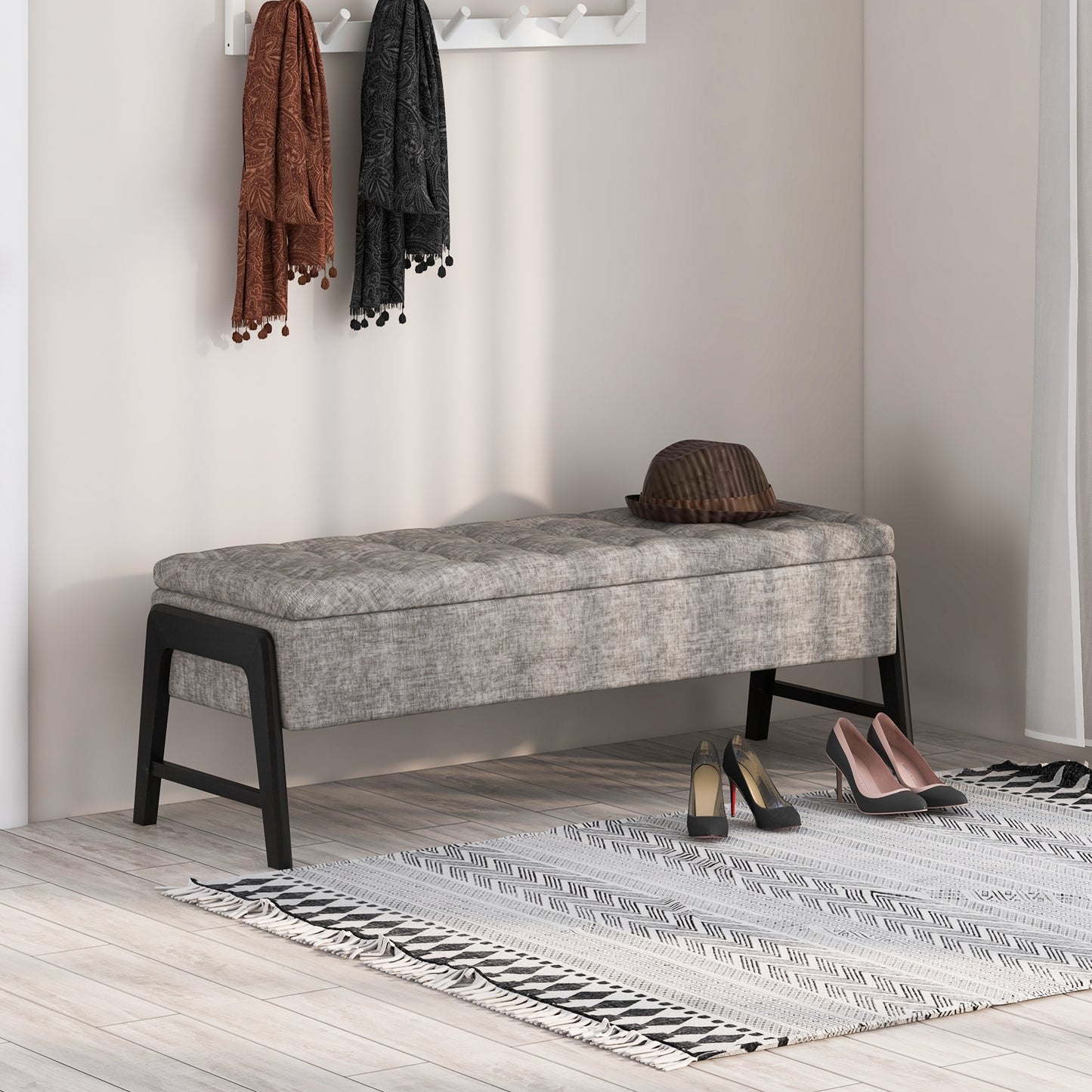 Modern Chenille Storage Bench with Solid Rubber Wood Legs-Gray Kids Crystal