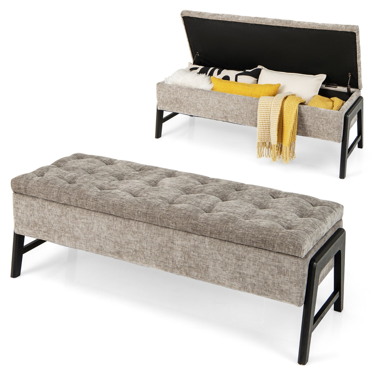 Modern Chenille Storage Bench with Solid Rubber Wood Legs-Gray Kids Crystal