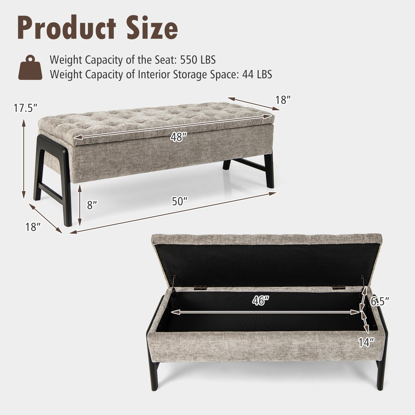 Modern Chenille Storage Bench with Solid Rubber Wood Legs-Gray Kids Crystal