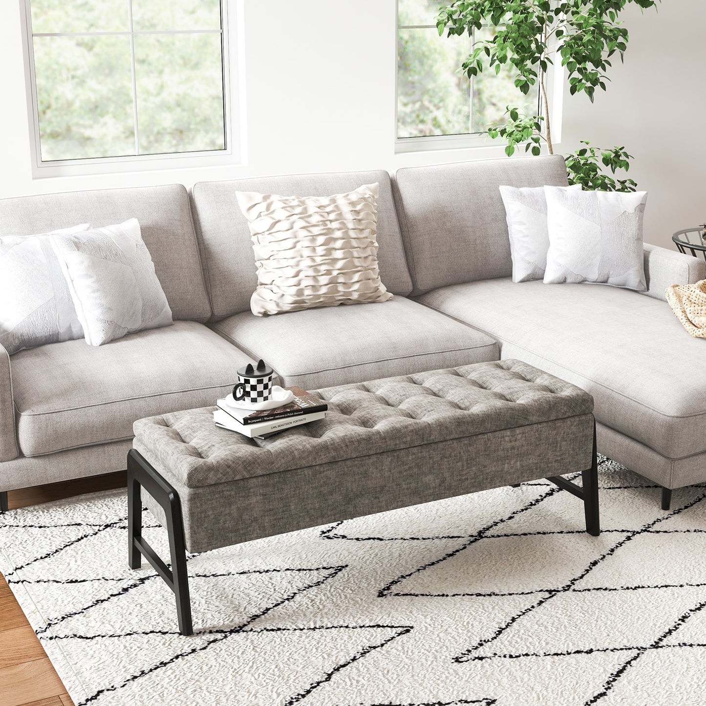 Modern Chenille Storage Bench with Solid Rubber Wood Legs-Gray Kids Crystal