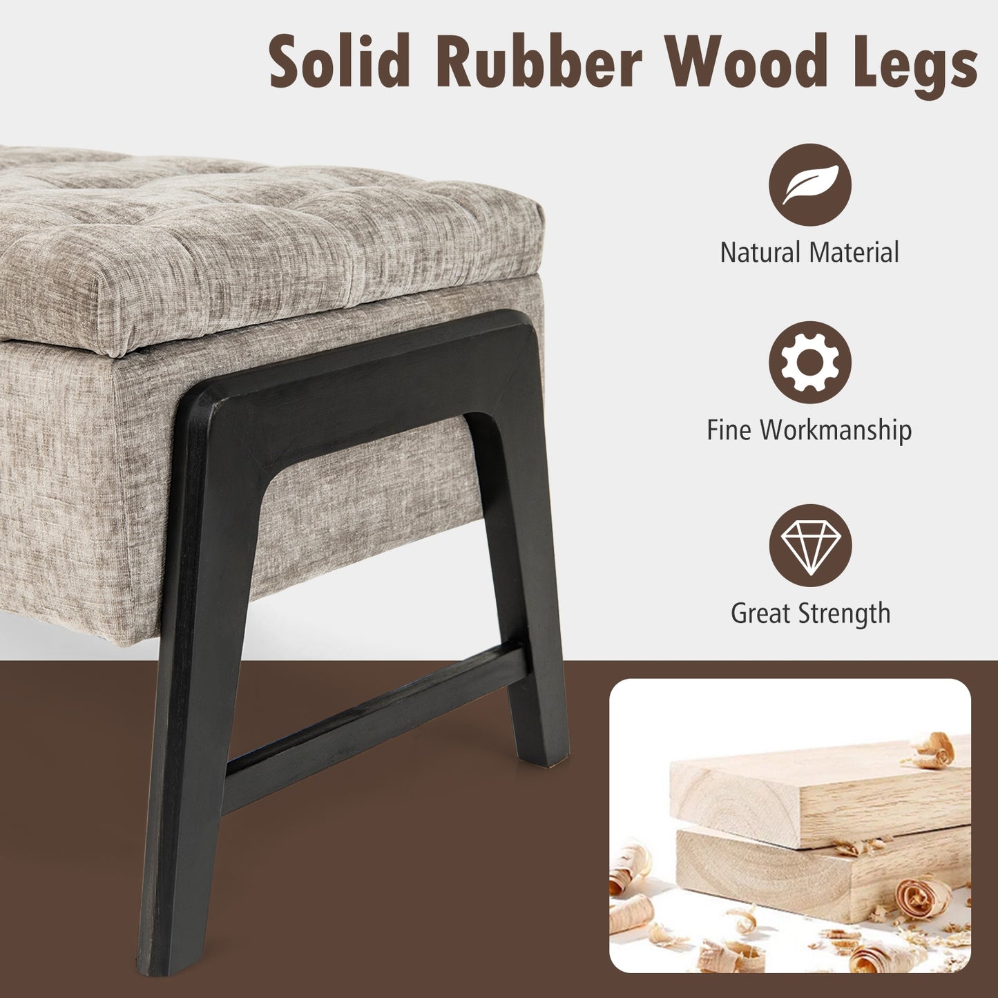 Modern Chenille Storage Bench with Solid Rubber Wood Legs-Gray Kids Crystal