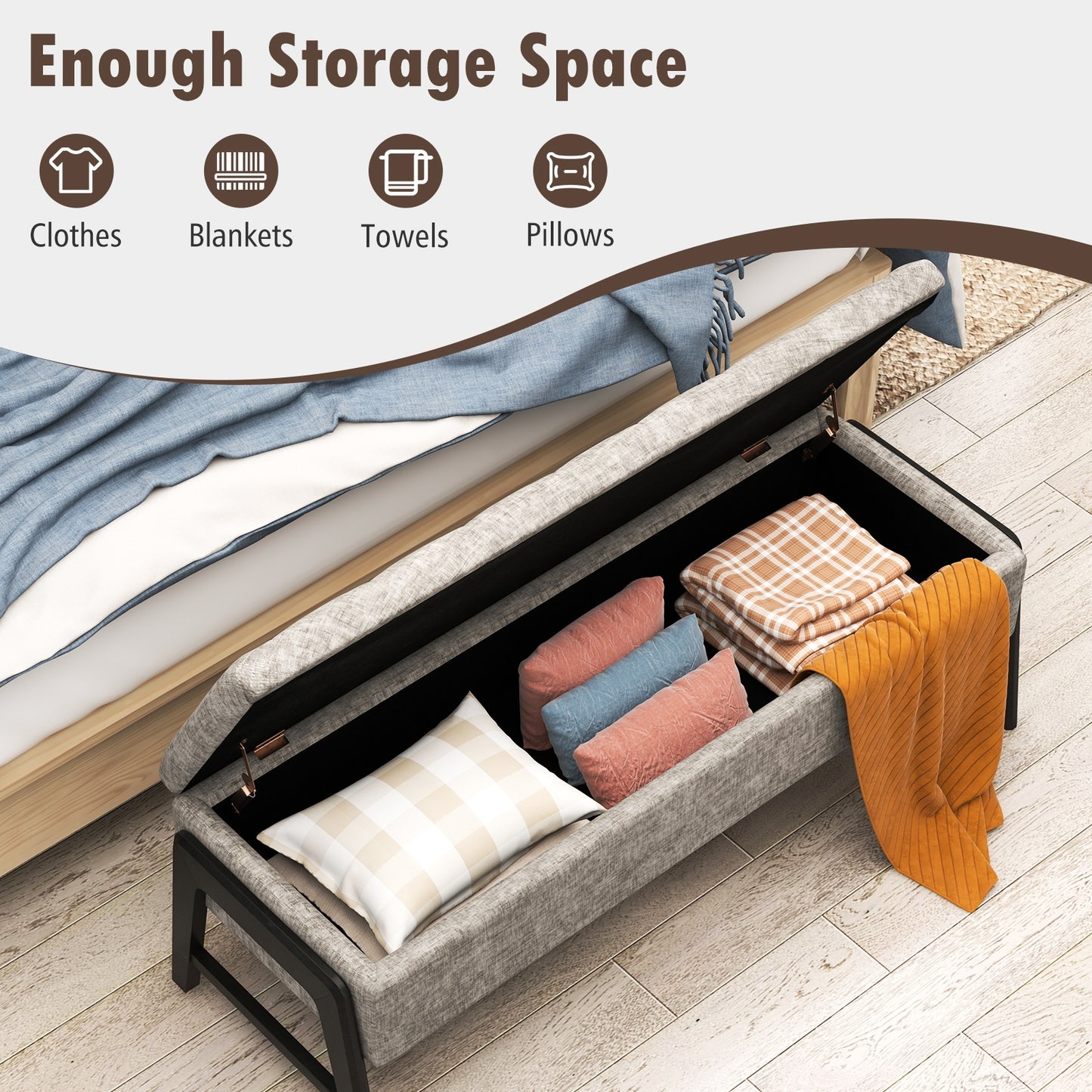 Modern Chenille Storage Bench with Solid Rubber Wood Legs-Gray Kids Crystal