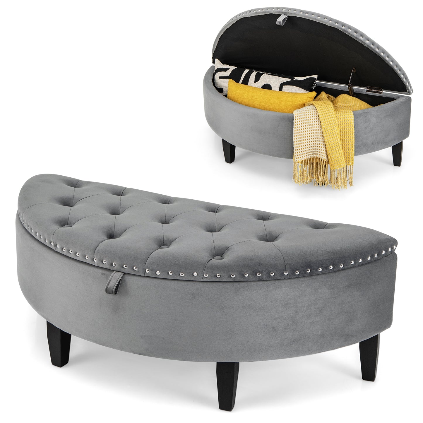 Half Moon Storage Bench with Rubber Wood Legs-Gray Kids Crystal