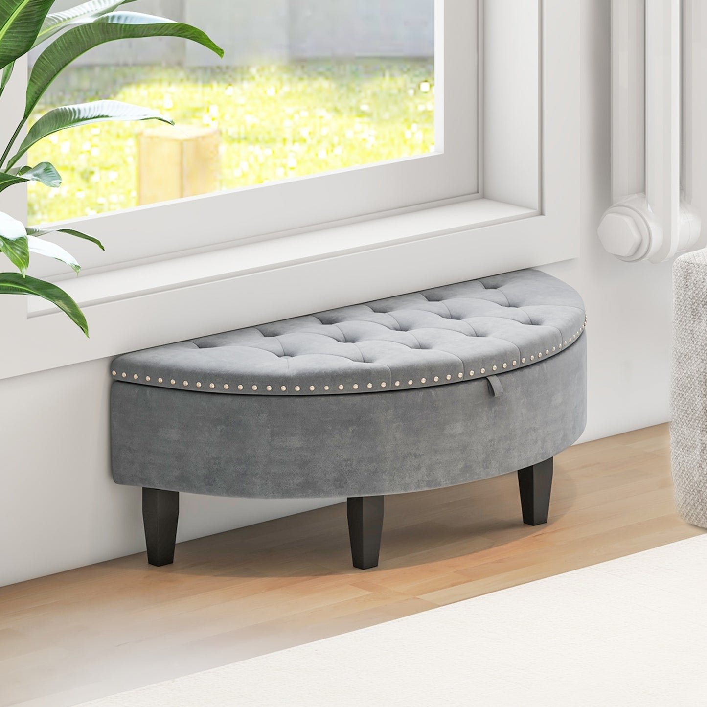 Half Moon Storage Bench with Rubber Wood Legs-Gray Kids Crystal