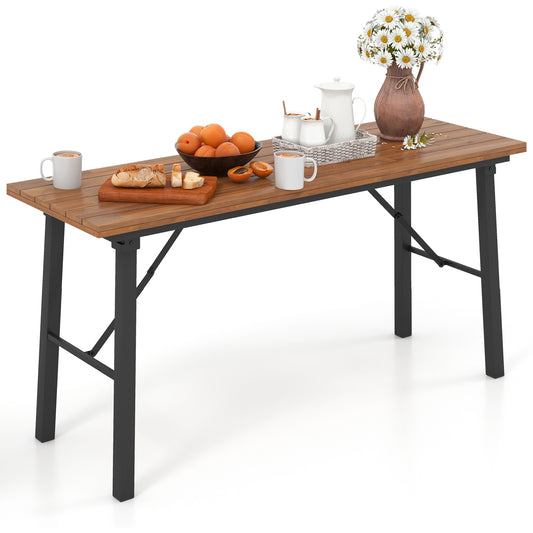 Folding Picnic Table Acacia Wood Dining Table with Metal Frame for Indoor Outdoor Activities Kids Crystal