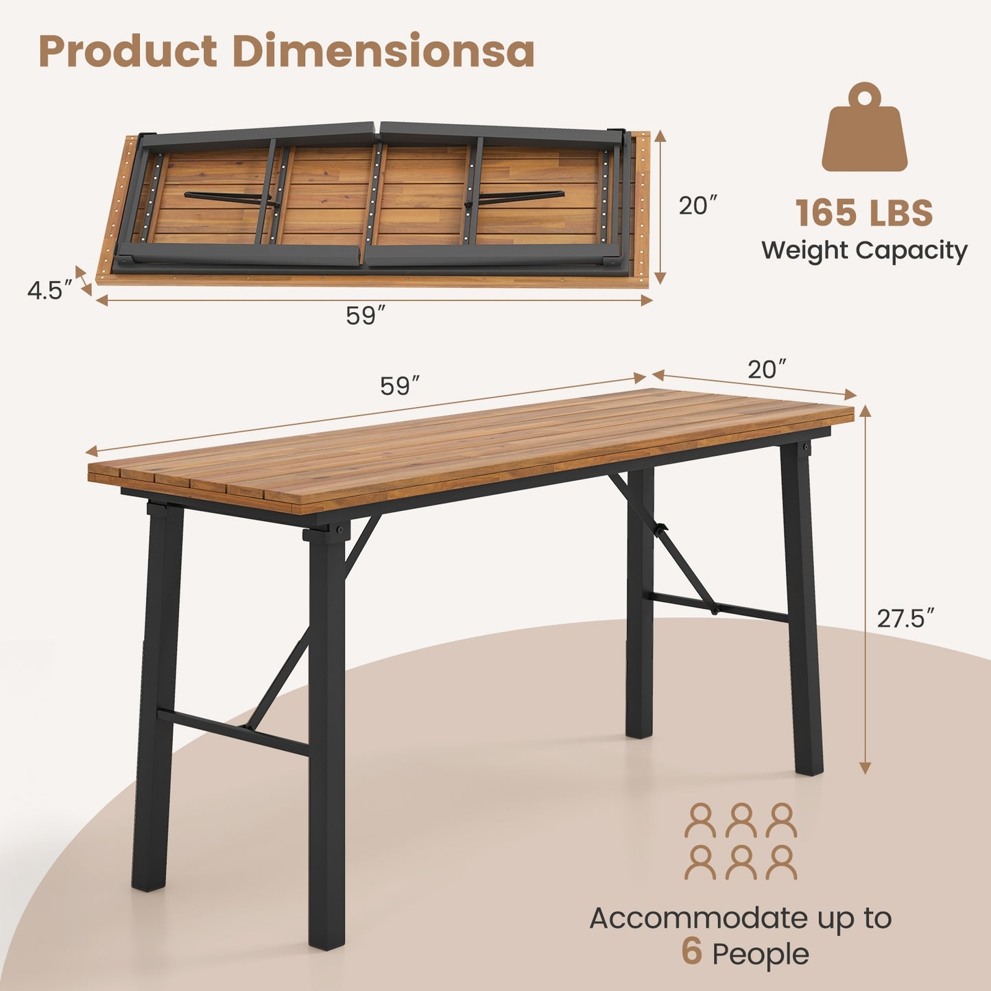 Folding Picnic Table Acacia Wood Dining Table with Metal Frame for Indoor Outdoor Activities Kids Crystal