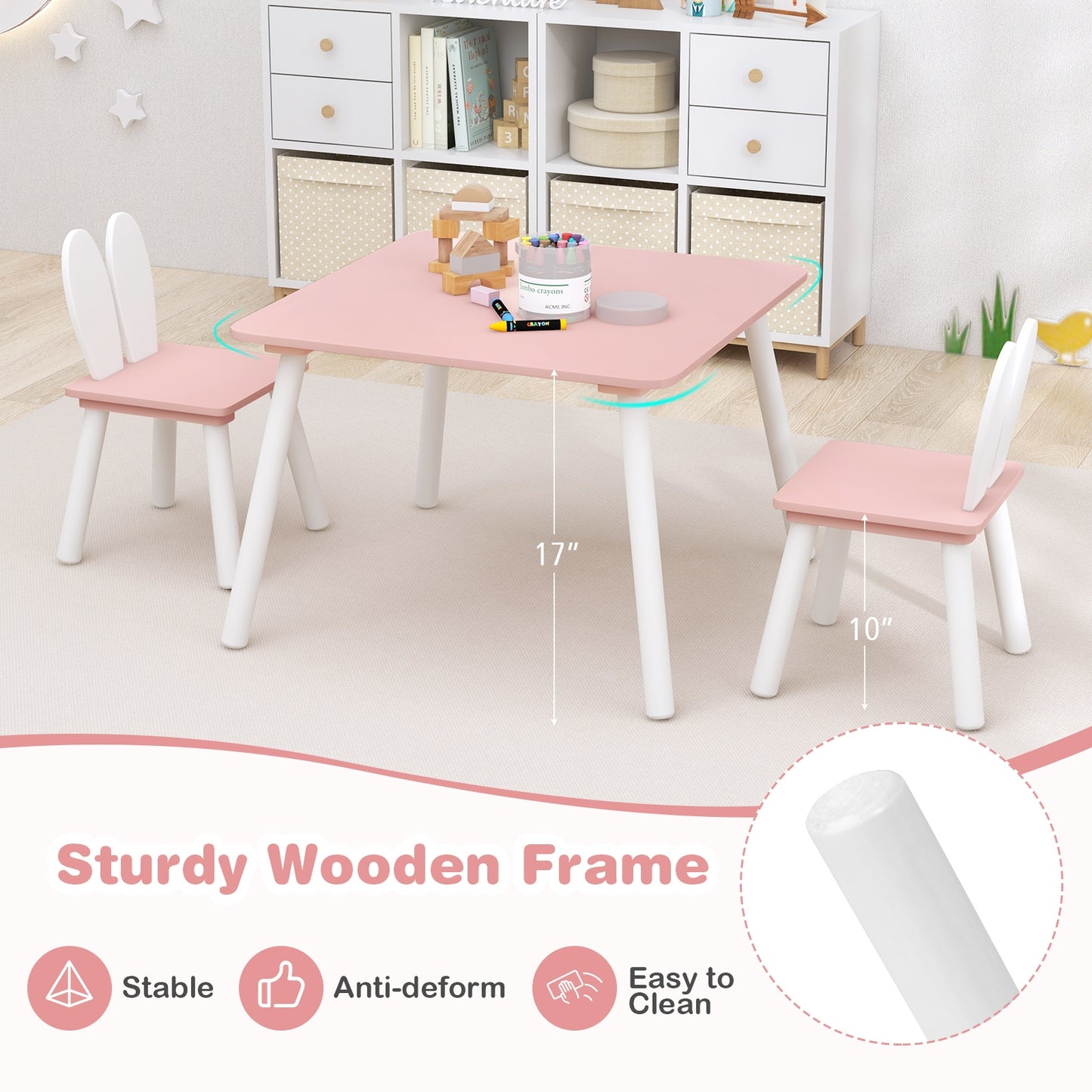 3 Pieces Kids Table and Chairs Set for Arts Crafts Snack Time-Pink Kids Crystal