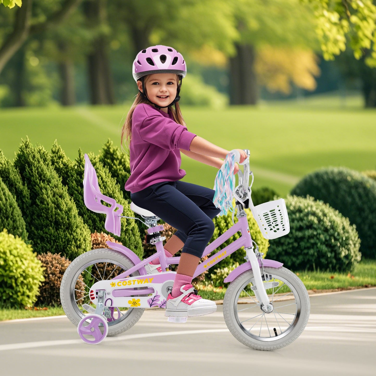 14 Inch Girls Bike Kids Bicycle with Doll Seat and Streamers for Children 3-5 Years Old Kids Crystal