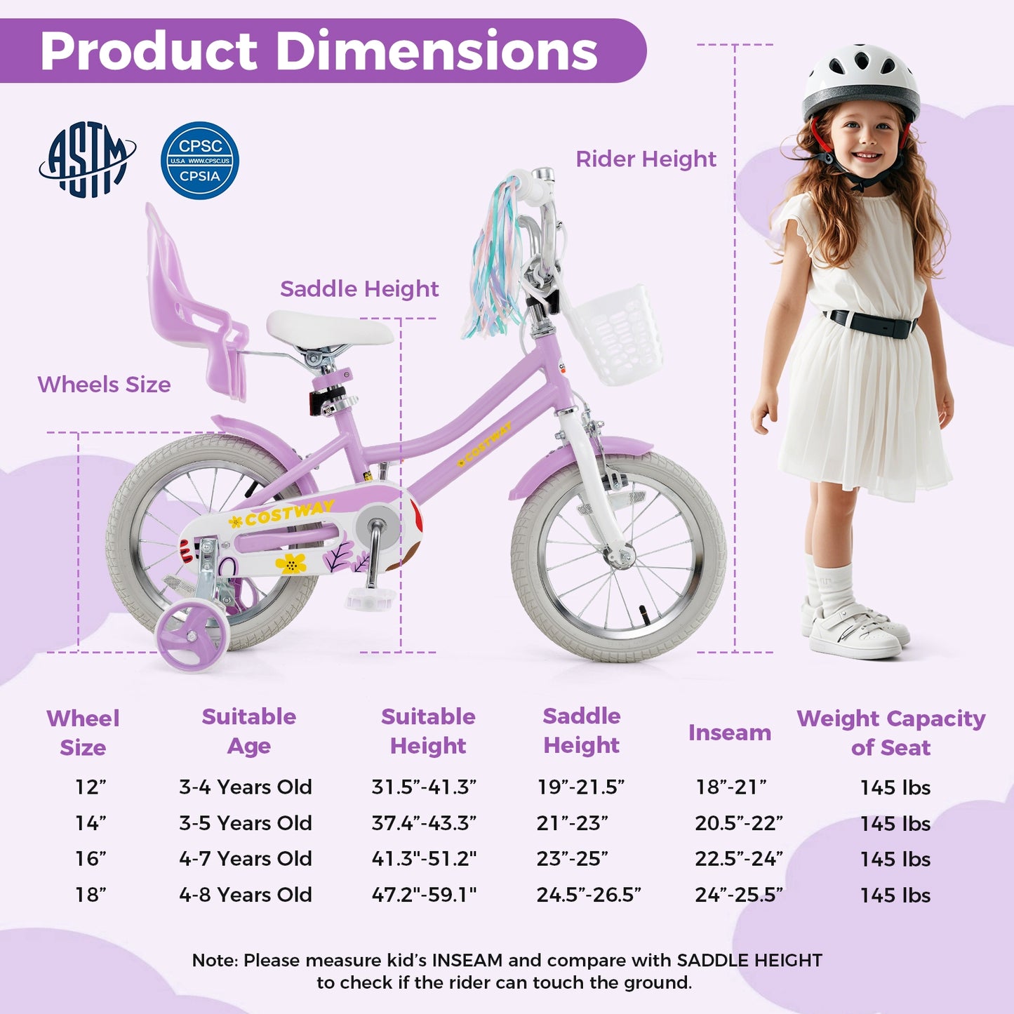 14 Inch Girls Bike Kids Bicycle with Doll Seat and Streamers for Children 3-5 Years Old Kids Crystal