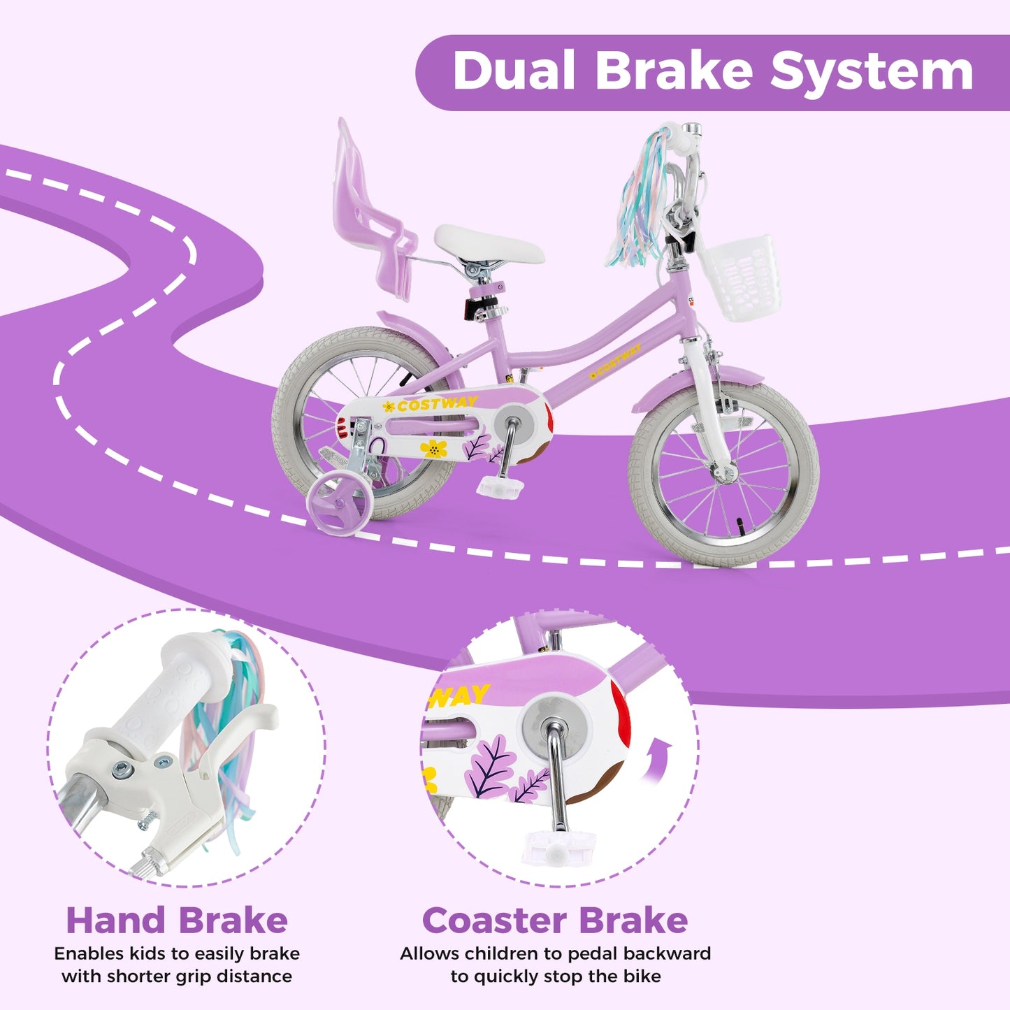 14 Inch Girls Bike Kids Bicycle with Doll Seat and Streamers for Children 3-5 Years Old Kids Crystal