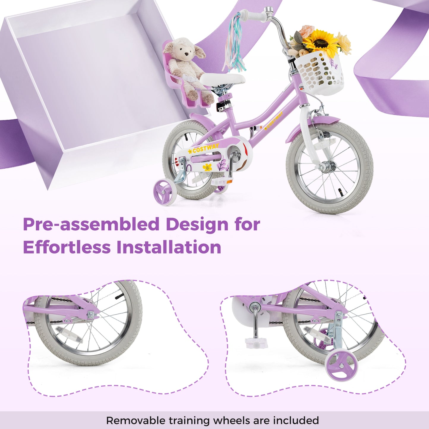 14 Inch Girls Bike Kids Bicycle with Doll Seat and Streamers for Children 3-5 Years Old Kids Crystal