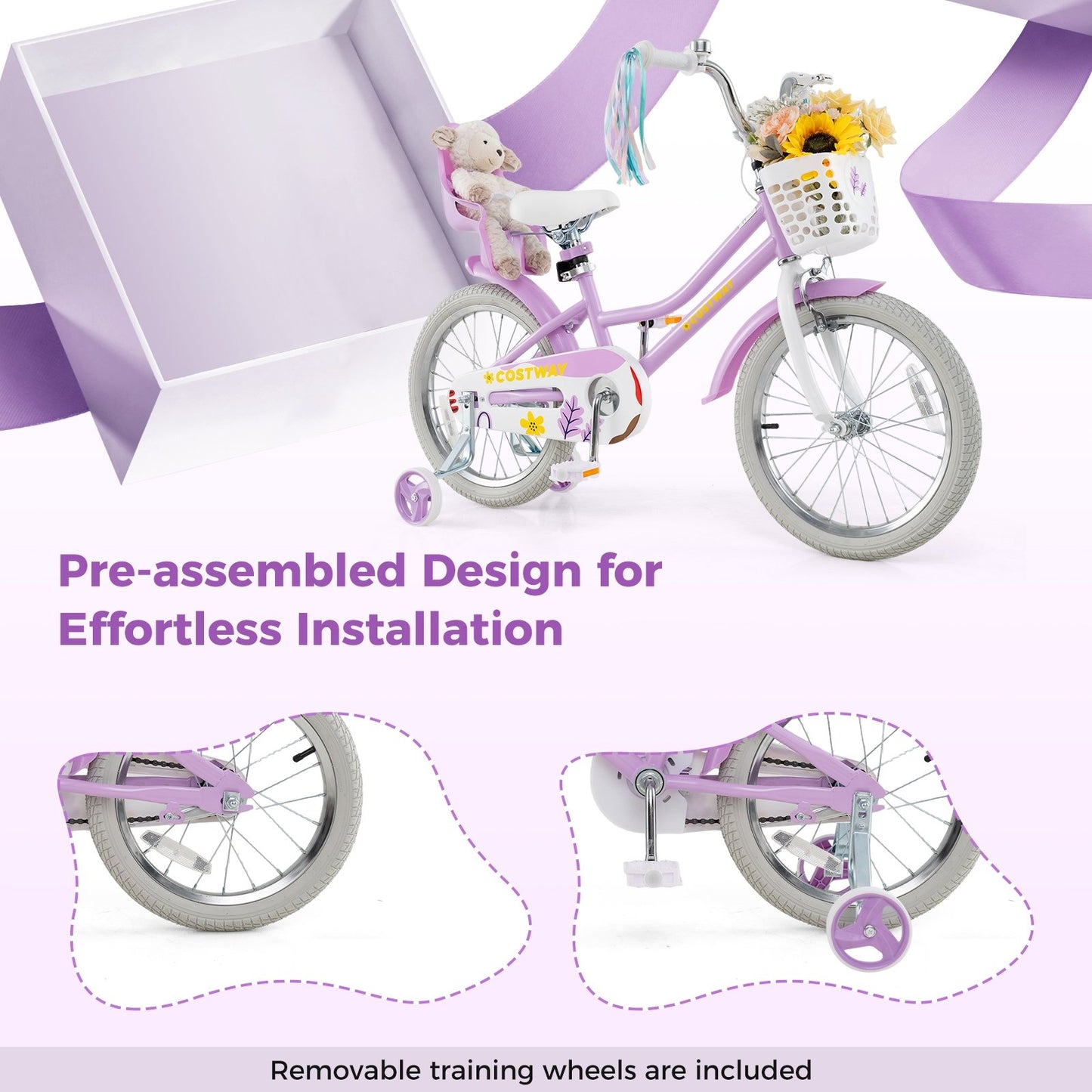 18 Inch Girls Bike Kids Bicycle with Doll Seat and Streamers for Children 4-8 Years Old Kids Crystal