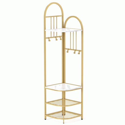 4-Tier Coat Rack Corner Hall Tree with Shoe Storage Bench-White Kids Crystal