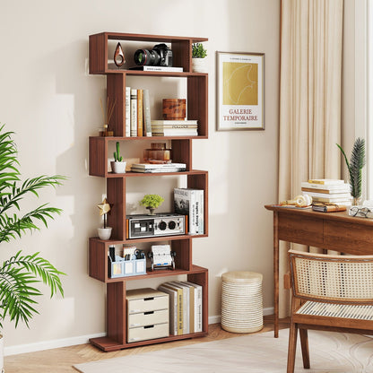 6-Tier Geometric Bookshelf with 2 Anti-Tipping Kits for Home Office-Walnut