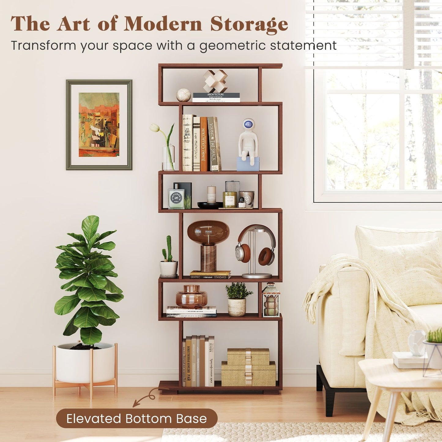 6-Tier Geometric Bookshelf with 2 Anti-Tipping Kits for Home Office-Walnut