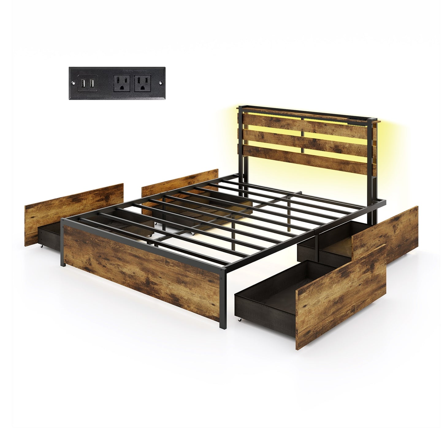 Full/Queen/Twin Size Bed Frame with Drawers LED Lights and USB Ports-Queen Size Kids Crystal