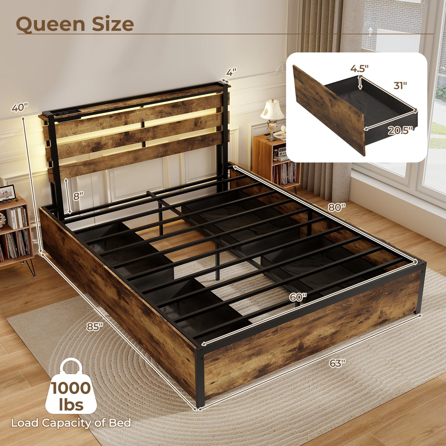 Full/Queen/Twin Size Bed Frame with Drawers LED Lights and USB Ports-Queen Size Kids Crystal