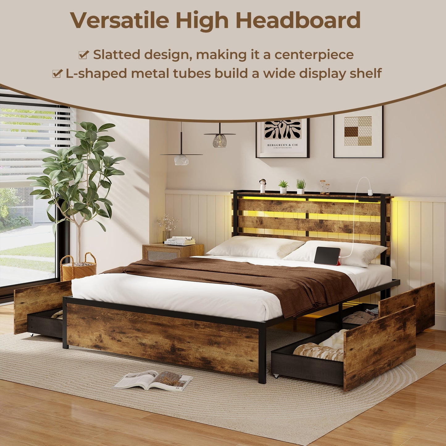 Full/Queen/Twin Size Bed Frame with Drawers LED Lights and USB Ports-Queen Size Kids Crystal