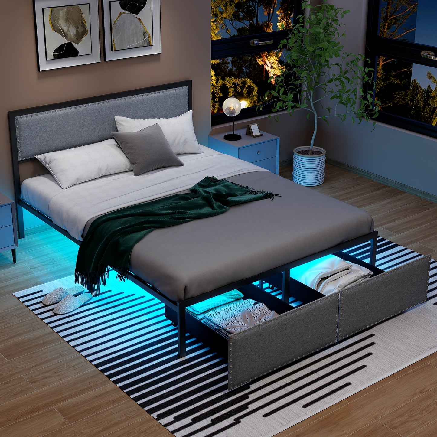 Full/Queen/Twin Size Bed Frame with LED Lights Drawer and Metal Slats-Queen Size Kids Crystal