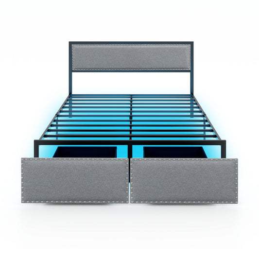 Full/Queen/Twin Size Bed Frame with LED Lights Drawer and Metal Slats-Queen Size Kids Crystal